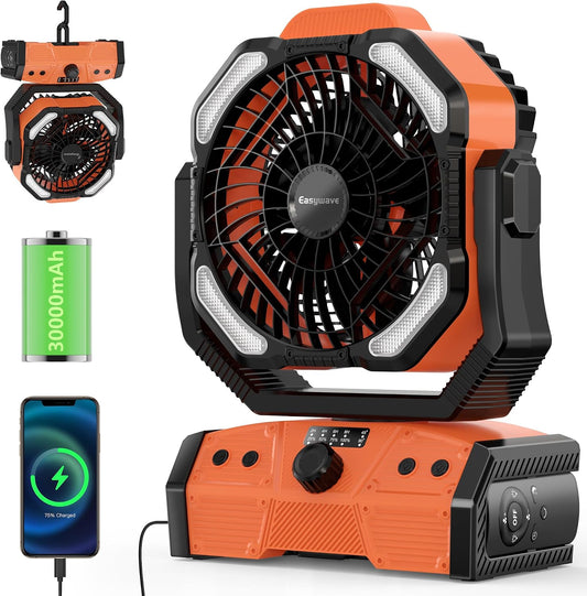 Camping Fan with LED Lantern: 30000Mah Rechargeable Battery Powered Outdoor Tent, Oscillating Fan with 360° Hanging Hook, Personal USB Desk Fan for Camping, Power Outage, Hurricane, Jobsite