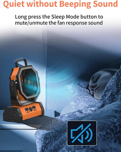Battery Operated Fan Portable Battery Powered Camping Tent Fan with LED Lantern Light 20000Mah Rechargeable, Oscillating, 360° Rotating Hanging Hook, Cordless for Desk, Travel(Orange)