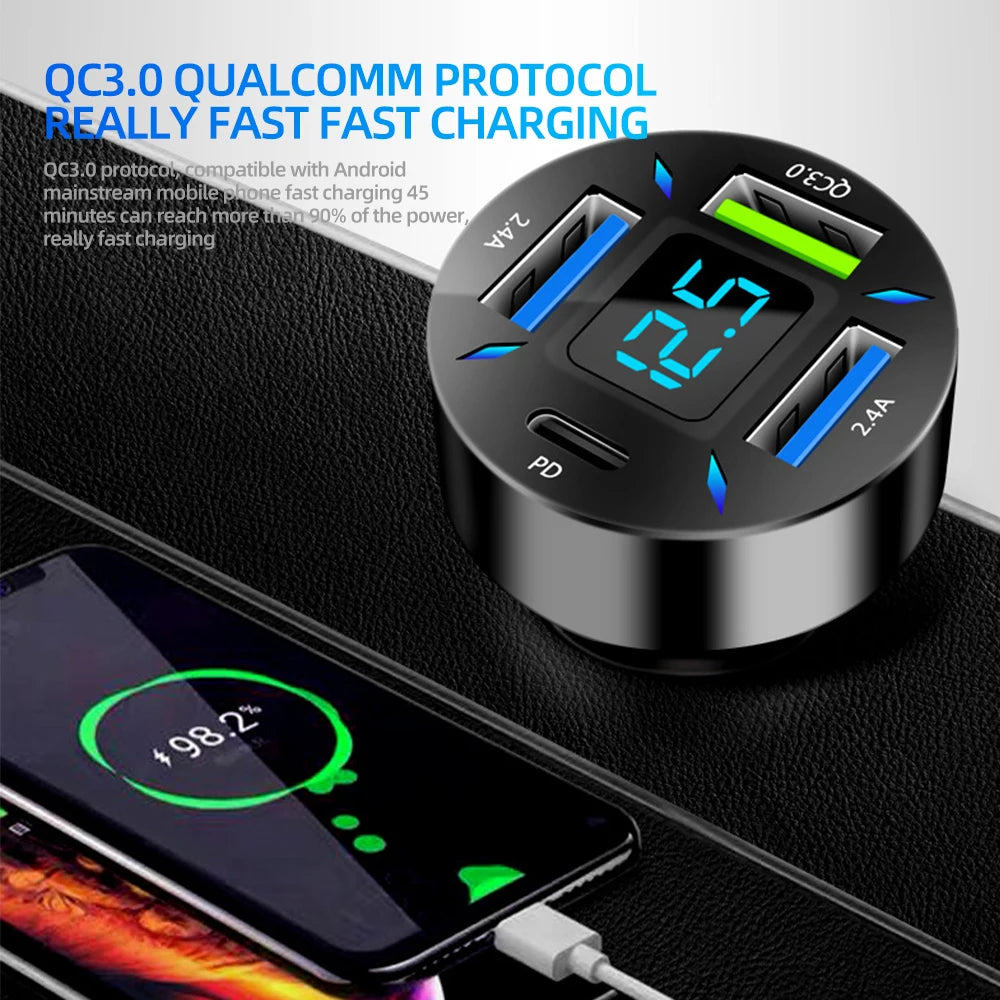 66W 4 in 1 Car Charger Fast Charge PD QC3.0 with Voltmeter Cigarette Lighter Socket Power Adapter for Iphone11 12 Samsung Xiaomi