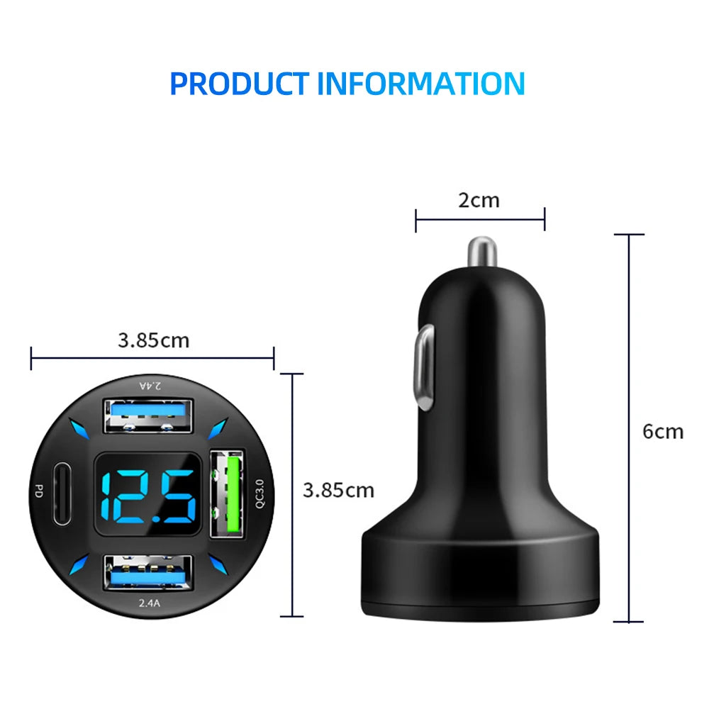 66W 4 in 1 Car Charger Fast Charge PD QC3.0 with Voltmeter Cigarette Lighter Socket Power Adapter for Iphone11 12 Samsung Xiaomi