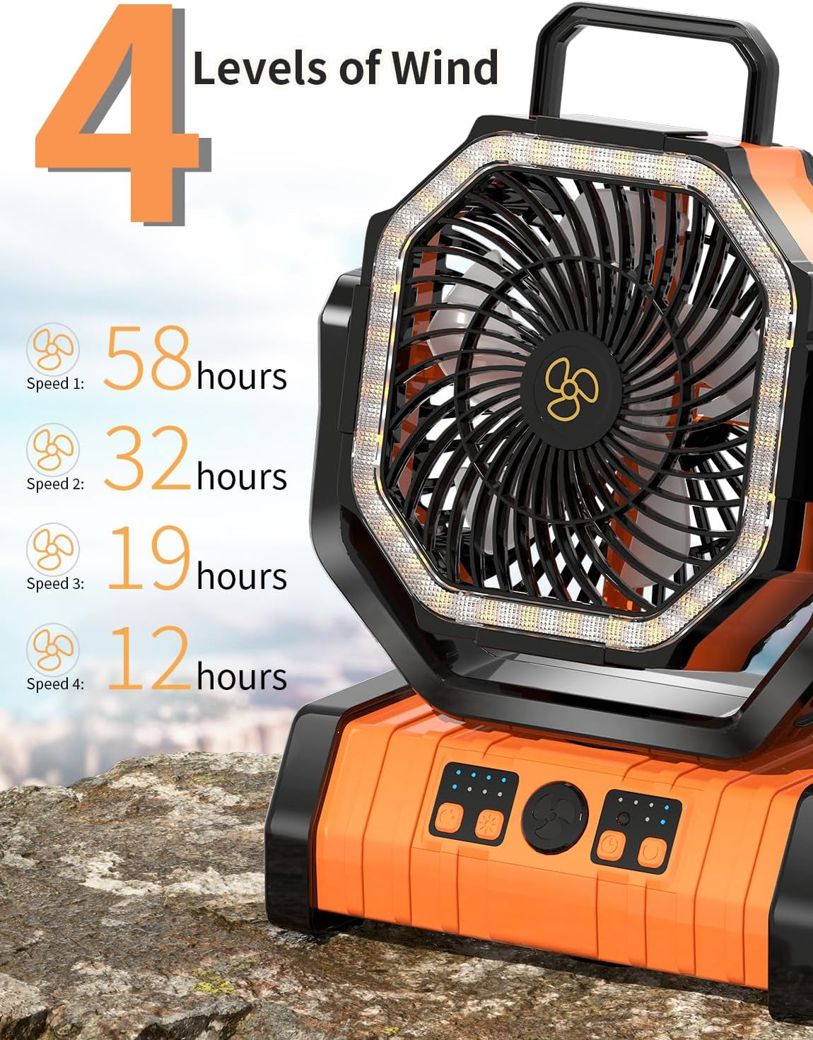 Battery Operated Fan Portable Battery Powered Camping Tent Fan with LED Lantern Light 20000Mah Rechargeable, Oscillating, 360° Rotating Hanging Hook, Cordless for Desk, Travel(Orange)