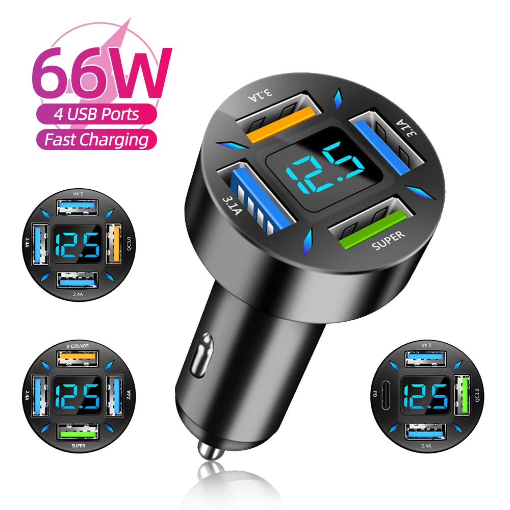 66W 4 in 1 Car Charger Fast Charge PD QC3.0 with Voltmeter Cigarette Lighter Socket Power Adapter for Iphone11 12 Samsung Xiaomi
