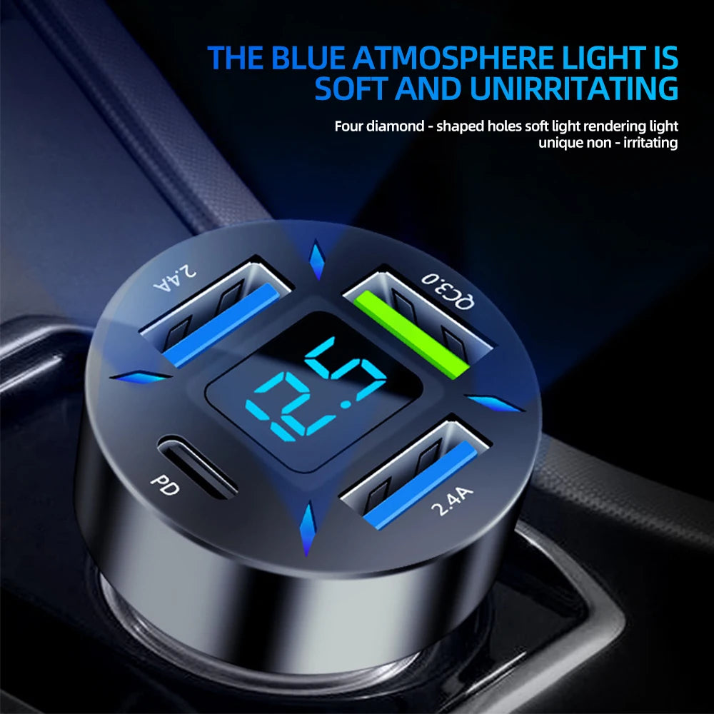 66W 4 in 1 Car Charger Fast Charge PD QC3.0 with Voltmeter Cigarette Lighter Socket Power Adapter for Iphone11 12 Samsung Xiaomi