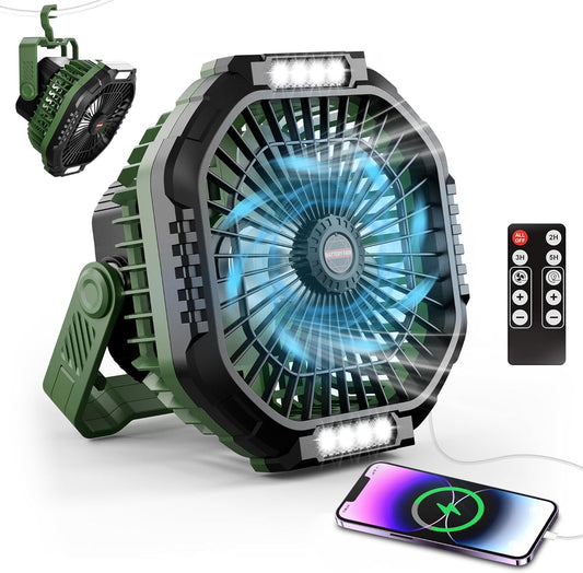 Portable Camping Fan, Rechargeable Battery Powered Fan with Light & Remote, USB C Cordless 10000Mah Battery Operated Fan for Power Outage with 4 Speeds&Timer, Camping Fan with Hook for Travel