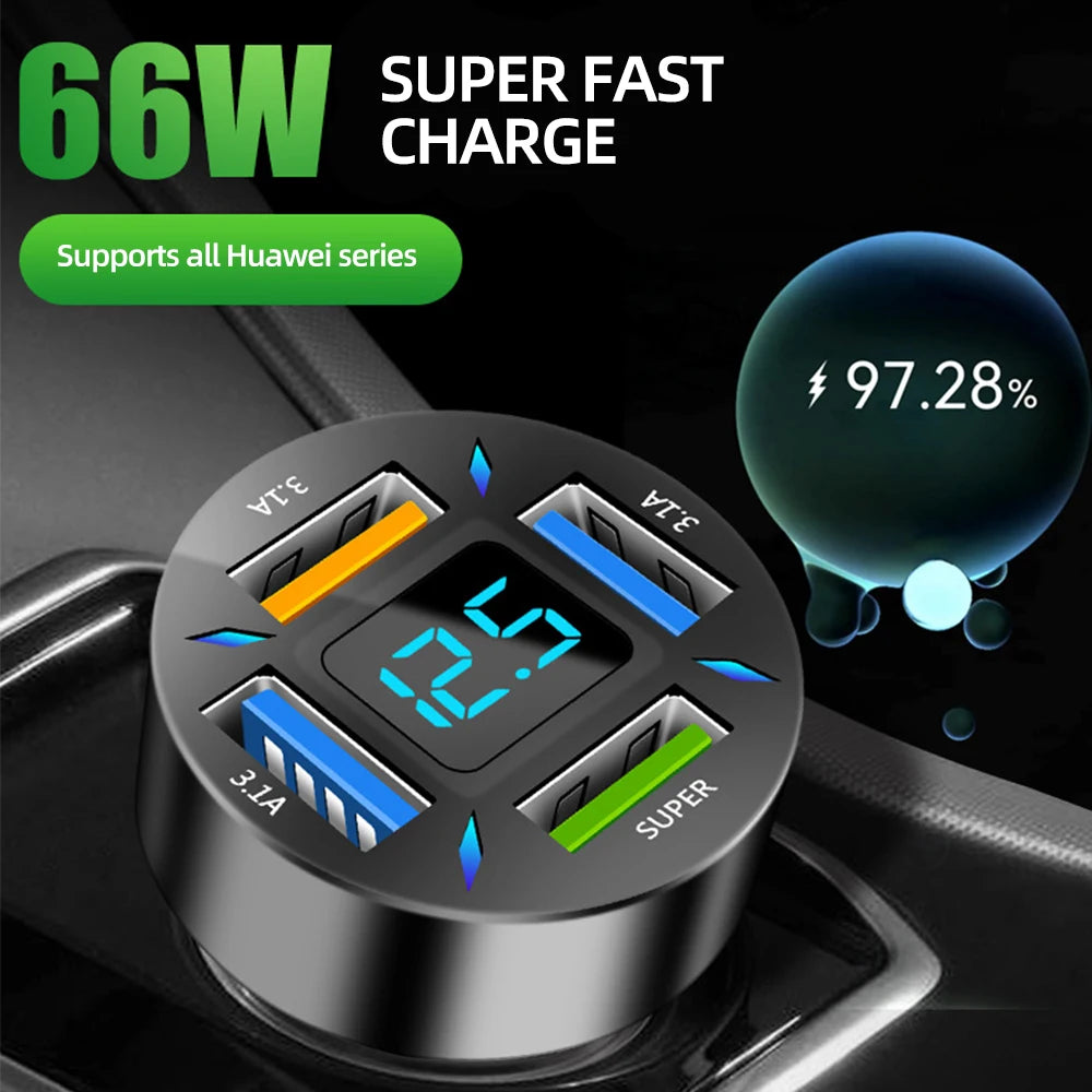 66W 4 in 1 Car Charger Fast Charge PD QC3.0 with Voltmeter Cigarette Lighter Socket Power Adapter for Iphone11 12 Samsung Xiaomi