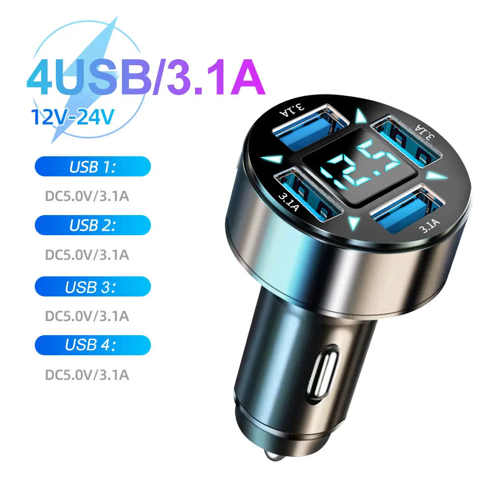 66W 4 in 1 Car Charger Fast Charge PD QC3.0 with Voltmeter Cigarette Lighter Socket Power Adapter for Iphone11 12 Samsung Xiaomi