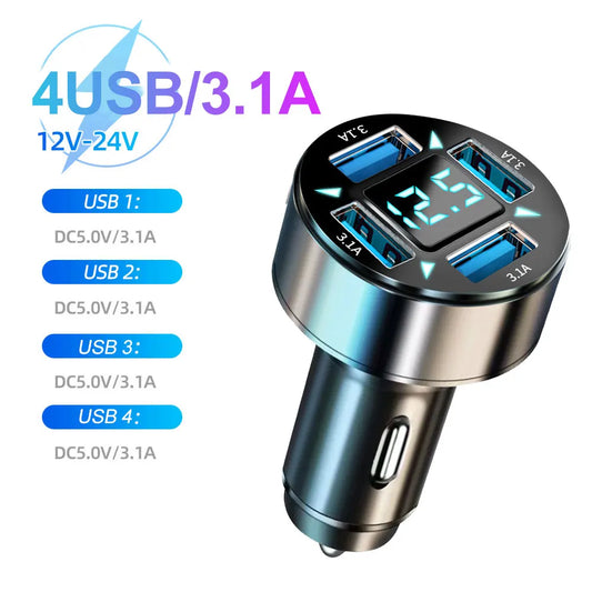 66W 4 in 1 Car Charger Fast Charge PD QC3.0 with Voltmeter Cigarette Lighter Socket Power Adapter for Iphone11 12 Samsung Xiaomi
