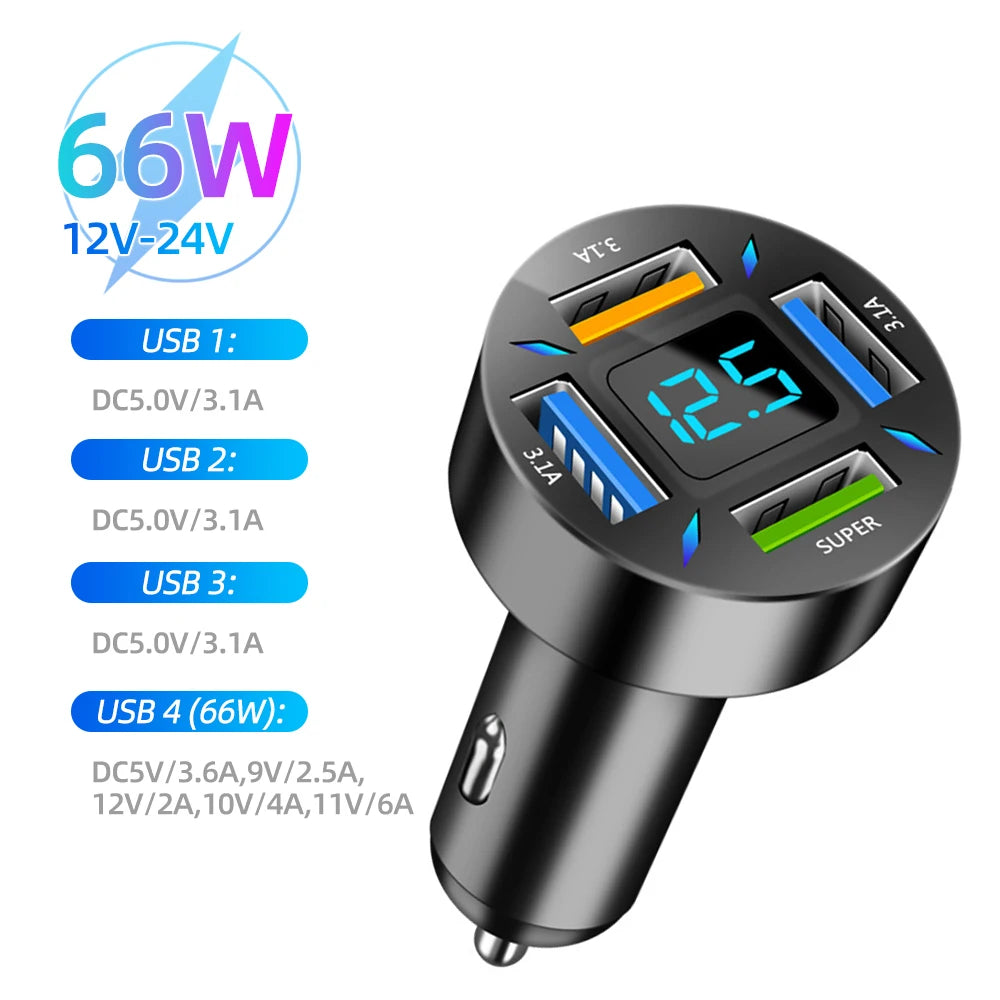 66W 4 in 1 Car Charger Fast Charge PD QC3.0 with Voltmeter Cigarette Lighter Socket Power Adapter for Iphone11 12 Samsung Xiaomi