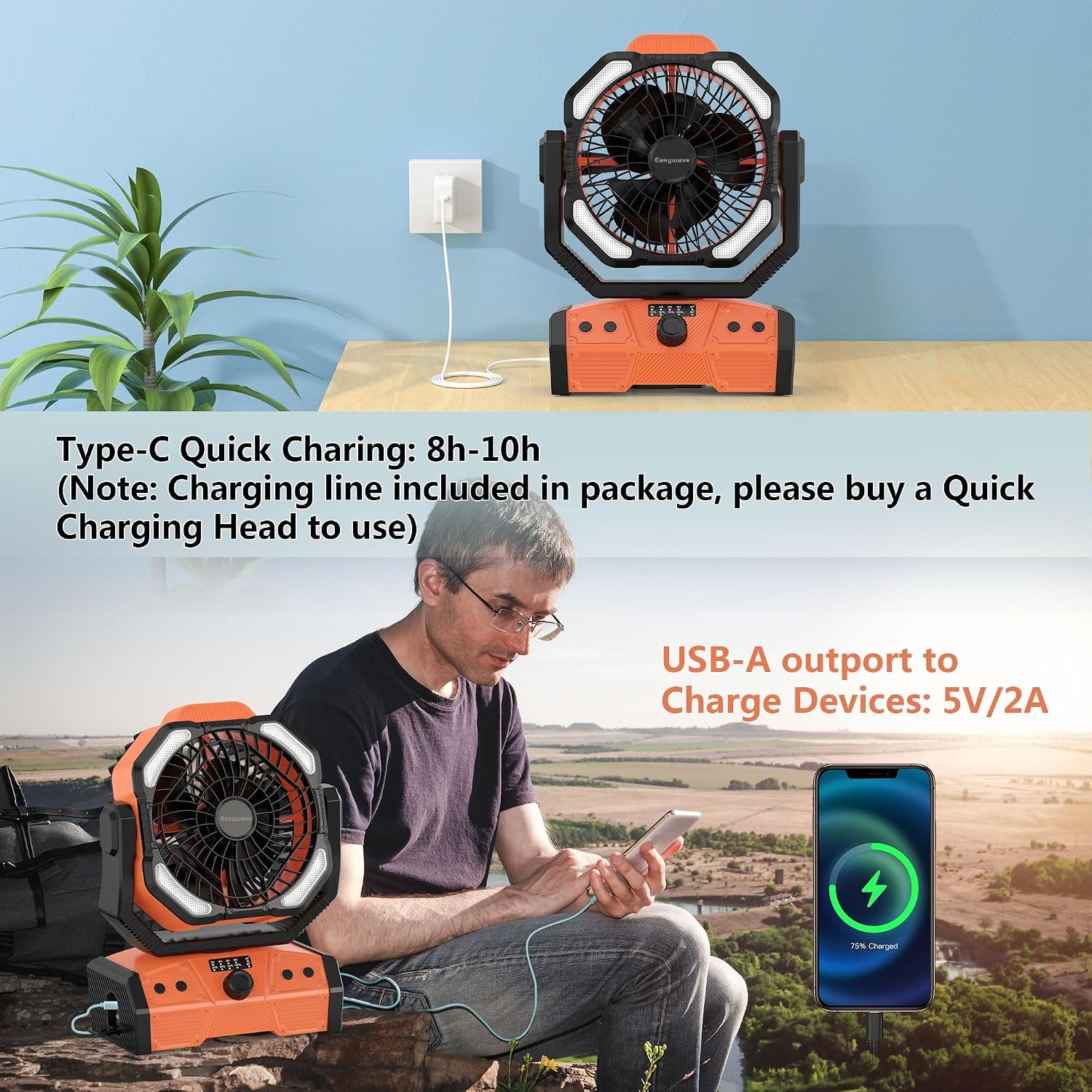 Camping Fan with LED Lantern: 30000Mah Rechargeable Battery Powered Outdoor Tent, Oscillating Fan with 360° Hanging Hook, Personal USB Desk Fan for Camping, Power Outage, Hurricane, Jobsite