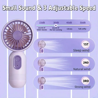 Mini Handheld Fan 3-Speed Strong Wind USB Rechargeable Long Lasting Portable Desk Fan for Students Office Outdoor Travel Camping