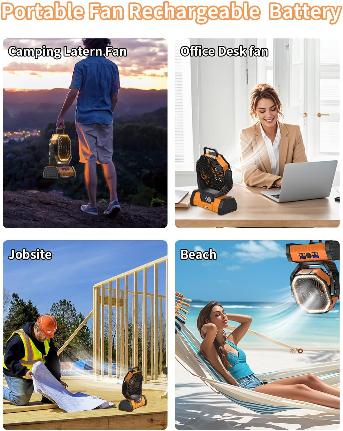 Battery Operated Fan Portable Battery Powered Camping Tent Fan with LED Lantern Light 20000Mah Rechargeable, Oscillating, 360° Rotating Hanging Hook, Cordless for Desk, Travel(Orange)