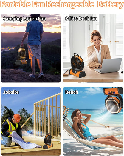 Battery Operated Fan Portable Battery Powered Camping Tent Fan with LED Lantern Light 20000Mah Rechargeable, Oscillating, 360° Rotating Hanging Hook, Cordless for Desk, Travel(Orange)