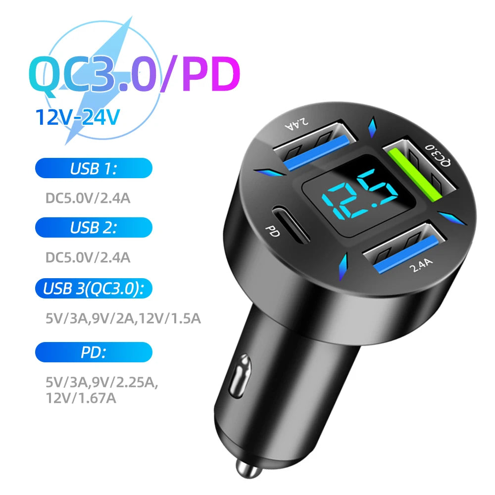 66W 4 in 1 Car Charger Fast Charge PD QC3.0 with Voltmeter Cigarette Lighter Socket Power Adapter for Iphone11 12 Samsung Xiaomi